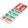 Angled photo of a p50 water mist portrait id sign showing safety information for different fire types