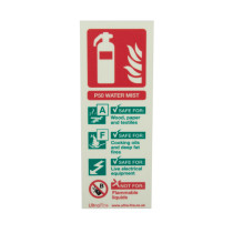 front view of p50 water mist portrait id sign showing fire extinguisher symbol and safety information