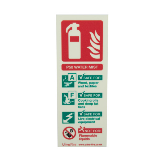 front view of p50 water mist portrait id sign showing fire extinguisher symbol and safety information