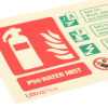 Angled close up of the p50 2ltr water mist extinguisher sign with red fire extinguisher icon and safety symbols in landscape layout