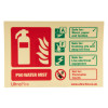 p50 2ltr water mist extinguisher sign showing fire safety instructions for wood, cooking oils, electrical equipment, and flammable liquids