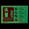 p50 2ltr water mist extinguisher sign showing fire safety instructions in low light conditions
