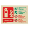 p50 water mist non elec photoluminescent rigid sign showing fire extinguisher symbols and safety instructions in landscape orientation