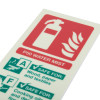 Closeup of photoluminescent p50 water mist extinguisher id sign rigid portrait showing safety information and icons