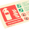 Angled close up of p50 6ltr water mist extinguisher sign landscape showing symbols and safety information
