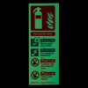 p50 6ltr water mist extinguisher sign portrait showing safety and hazard information in dark environment