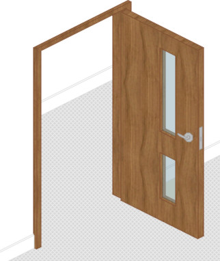 Custom 30 Minute Fire Doors made of wood with two rectangular glass panels and metal handle in an open position