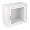 Arky led indoor defibrillator cabinet with alarm shown from an angled view with a clear glass door and white frame