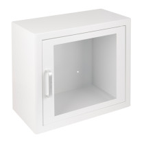 Arky led indoor defibrillator cabinet with alarm shown from an angled view with a clear glass door and white frame