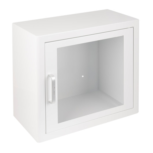 Arky led indoor defibrillator cabinet with alarm shown from an angled view with a clear glass door and white frame