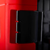 Closeup of the latch on an ultrafire weatherproof double extinguisher cabinet in red and black colors