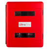 Front view of the ultrafire weatherproof double extinguisher cabinet in red with two clear window panels