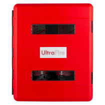 Front view of the ultrafire weatherproof double extinguisher cabinet in red with two clear window panels