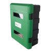 angled view of the ultrafire green weatherproof first aid cabinet showing the front and side panels