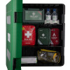 ultrafire green weatherproof first aid cabinet shown front open with various first aid and burn kits inside