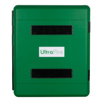 Front view of the ultrafire green weatherproof first aid cabinet with logo and locking panels visible