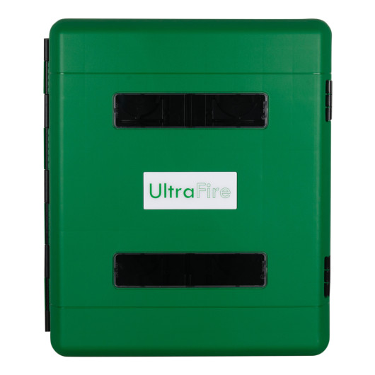 Front view of the ultrafire green weatherproof first aid cabinet with logo and locking panels visible