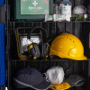 Ultrafire blue weatherproof personal protective equipment cabinet closeup showing the open cabinet with protective gear inside