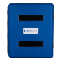Front view of ultrafire blue weatherproof personal protective equipment cabinet with closed door and label
