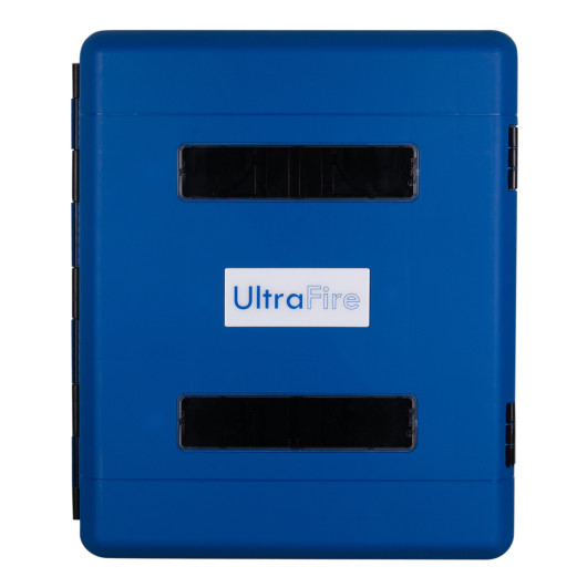 Front view of ultrafire blue weatherproof personal protective equipment cabinet with closed door and label
