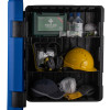 ultrafire blue weatherproof personal protective equipment cabinet open showing hard hat gloves mask ear protection and first aid kit inside