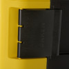 Closeup of the black latch closed on the ultrafire yellow spill kit cabinet showing part of the yellow surface