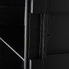 Closeup of the latch open on an ultrafire yellow spill kit cabinet showing metal edges and dark interior