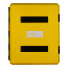 Front view of an ultrafire yellow spill kit cabinet showing a solid yellow door with two black vents and a central label