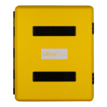 Front view of an ultrafire yellow spill kit cabinet showing a solid yellow door with two black vents and a central label