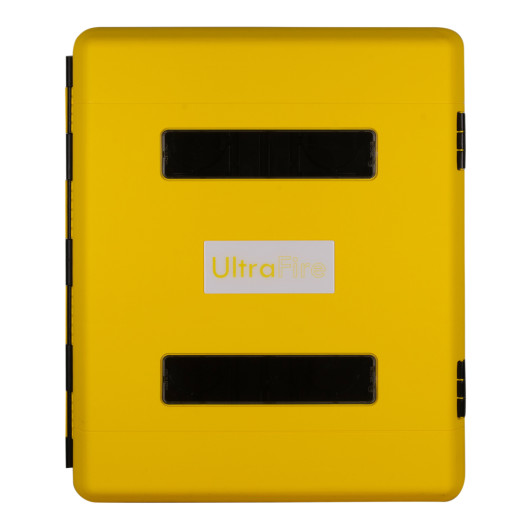 Front view of an ultrafire yellow spill kit cabinet showing a solid yellow door with two black vents and a central label