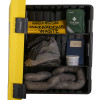 Open ultrafire yellow spill kit cabinet showing hazardous waste tape, first aid kit, and absorbent pads inside