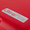 Close up of ultrafire red storage bin brand name plate on a red surface