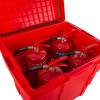 ultrafire red storage bin shown at an angle with four red fire extinguishers inside the open lid