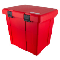 ultrafire red storage bin shown at an angle with black latches on the front