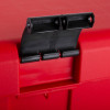 Close-up of the black clasp on the ultrafire red storage bin showing the hinge and locking mechanism