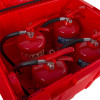 ultrafire red storage bin shown at left angle containing multiple red fire extinguishers with visible labels foam and powder