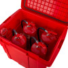 Open top angle view of the ultrafire red storage bin containing four red fire extinguishers with black hoses