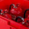 ultrafire red storage bin showing several red extinguishers inside with visible handles and hoses