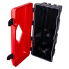 Ultrafire weatherproof single extinguisher cabinet shown open at an angle with red door and black interior