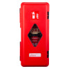 ultrafire weatherproof single extinguisher cabinet in red shown from front with foam visible through diamond window