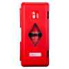 Front view of the ultrafire weatherproof single extinguisher cabinet with a clear diamond window showing part of a p50 extinguisher label