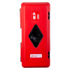 Front view of the ultrafire weatherproof single extinguisher cabinet in red with a small window and symbol panel