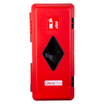 Front view of the ultrafire weatherproof single extinguisher cabinet in red with a small window and symbol panel