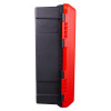 Side view of an Ultrafire weatherproof single extinguisher cabinet with a red edge and black body