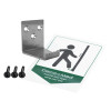 Front view of the decamed foot operated door opener metal bracket with three screws and instruction sticker
