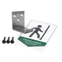 Front view of the decamed foot operated door opener metal bracket with three screws and instruction sticker