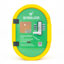 A green and yellow defibrillator cabinet