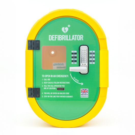 A green and yellow defibrillator cabinet