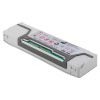 white rectangular battery with black writing showing how to keep a lithium battery safe and the manufacturers address