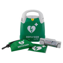 A green and white defibrillator with all its contents
